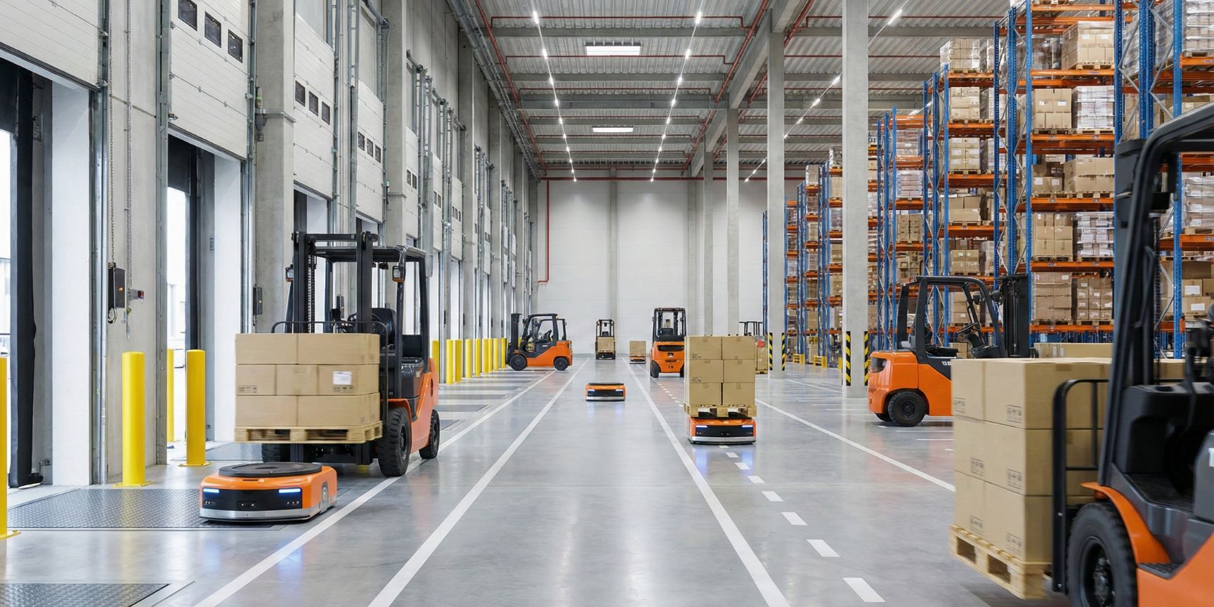 Modern logistics property with high activity of forklifts and autonomous transport robots (AGVs) that move pallets of high-speed goods near the loading docks. An example of efficient warehouse layout for items with a high turnover rate